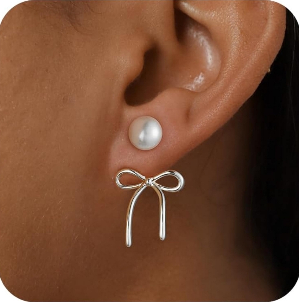 Elegant Silver Bow Pearl Earrings